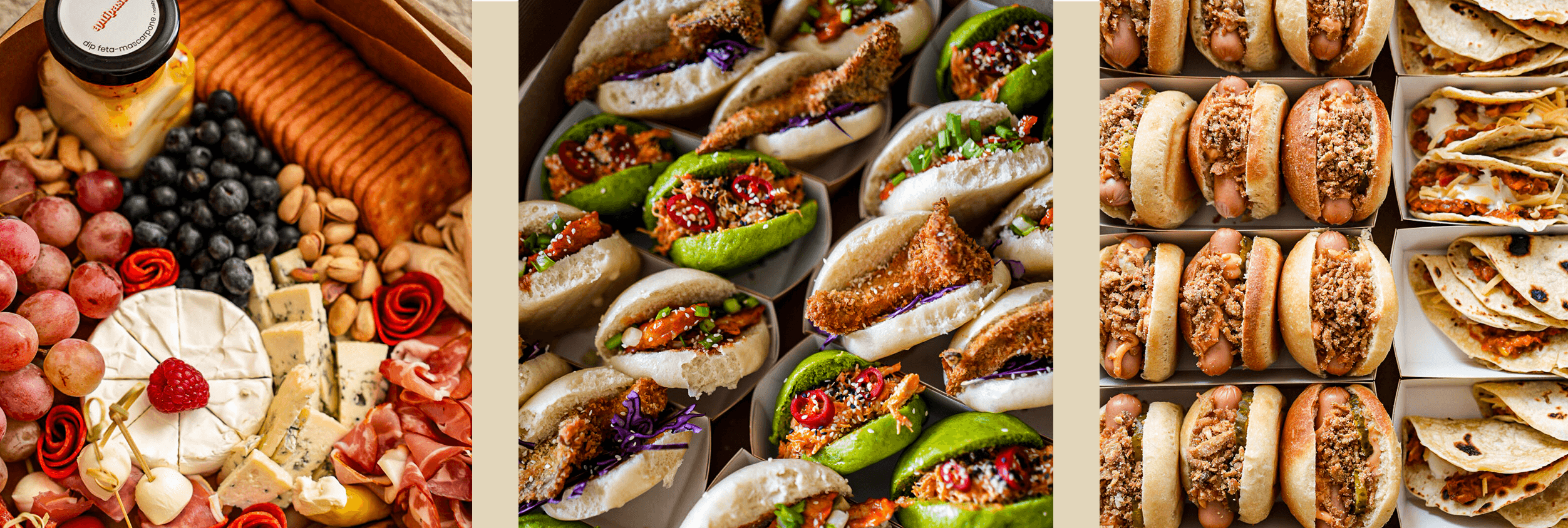 Przekąski Antipasti — bułeczki bao, mini hot-dogi i tacos na tacach gotowych do podania